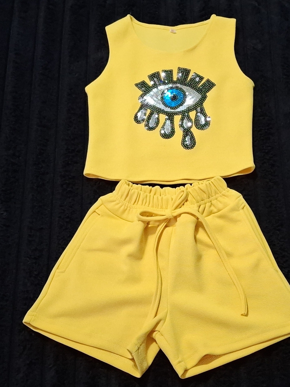 Kids Yellow Sequin Eye Tank & Shorts Costume Set